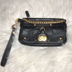 Juicy Couture Black Leather Gold Wristlet Clutch Bag
